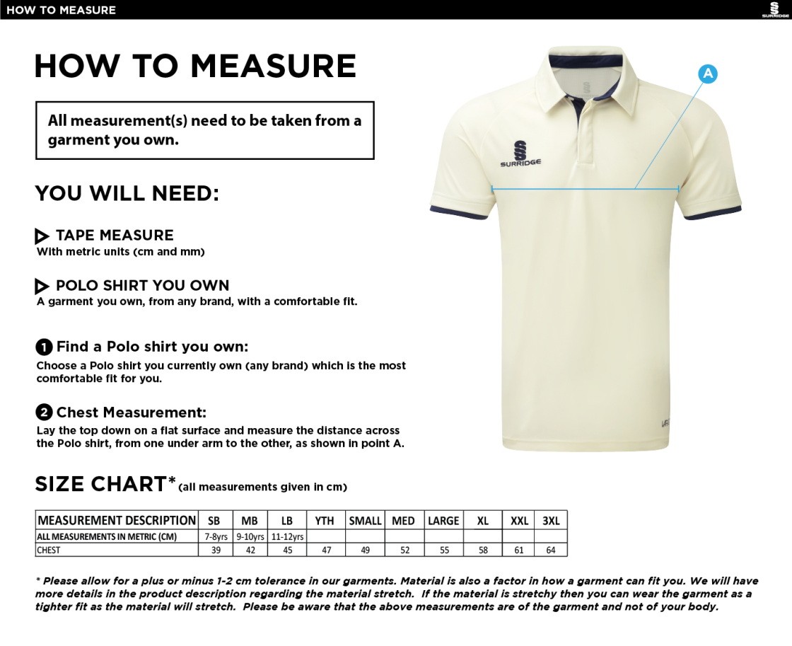 Old Southendian & Southchurch CC - Short Sleeve Tek Shirt - Size Guide