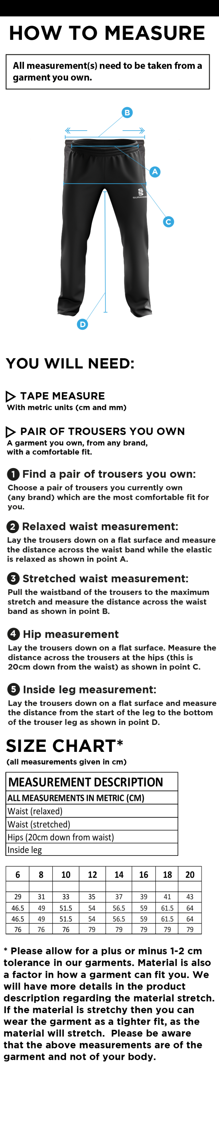 Old Southendian & Soutchurch CC - Women's Ripstop Tracksuit Pants - Size Guide