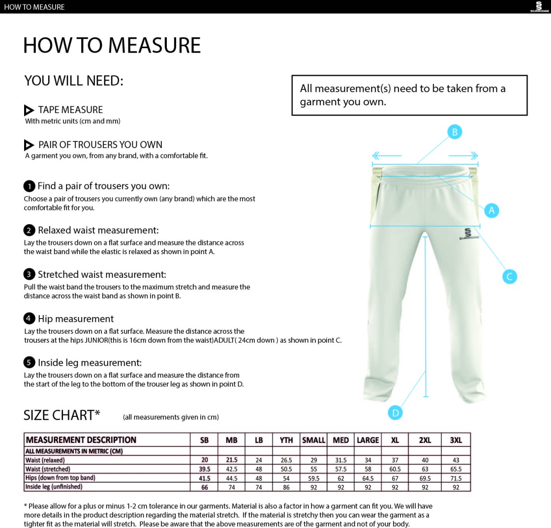 Old Southendian & Southchurch CC - Standard Playing Pant - Size Guide