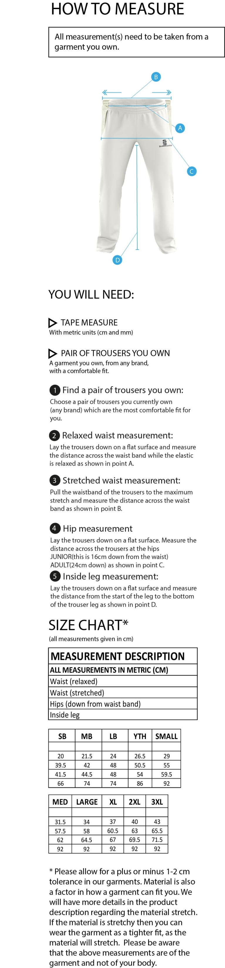 Old Southendian & Southchurch CC - Standard Playing Pant - Size Guide