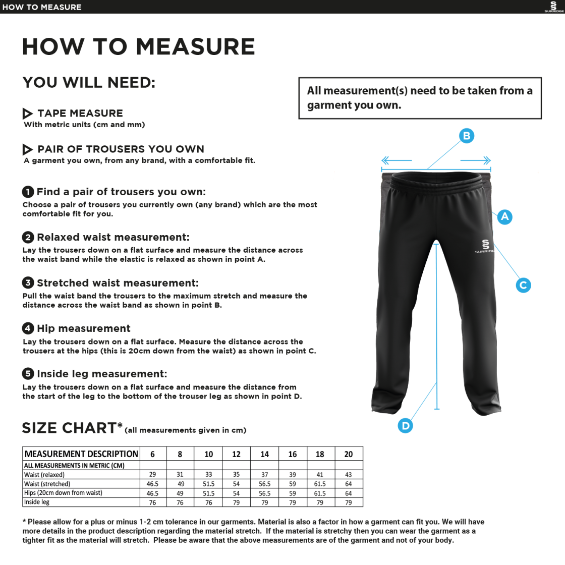 Old Southendian & Southchurch CC - Women's Poplin Tracksuit Pants - Size Guide