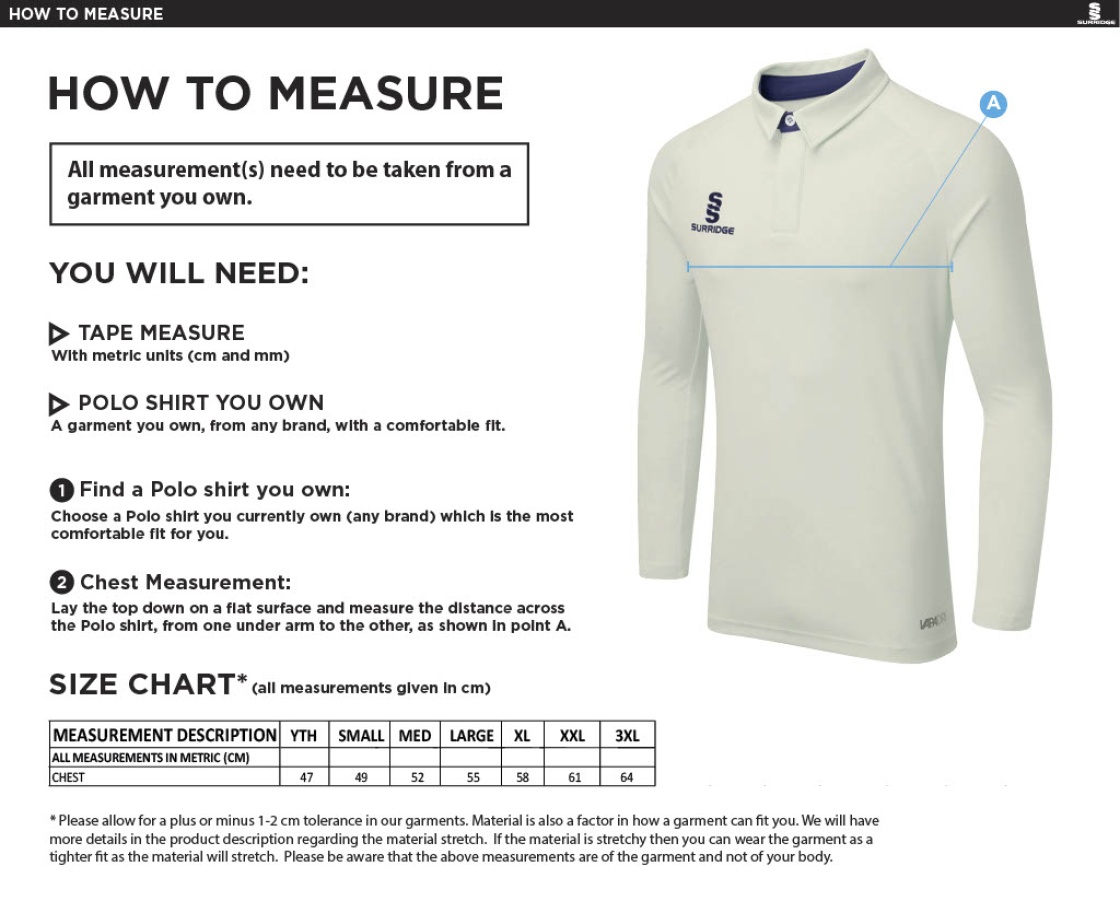 Old Southendian & Southchurch CC - Long Sleeve Tek Shirt - Size Guide