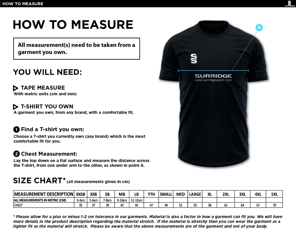 Old Southendian & Southchurch CC - Blade Training Shirt - Size Guide