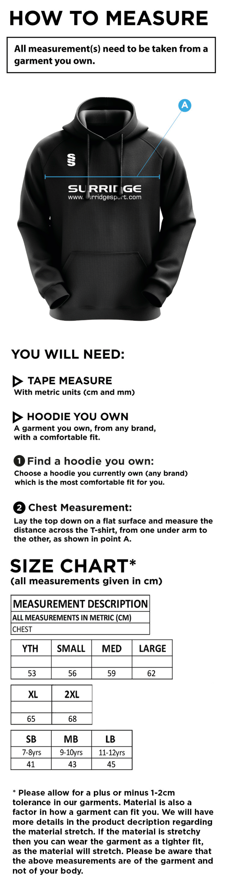 Old Southendian & Southchurch CC - Blade Hoody - Size Guide