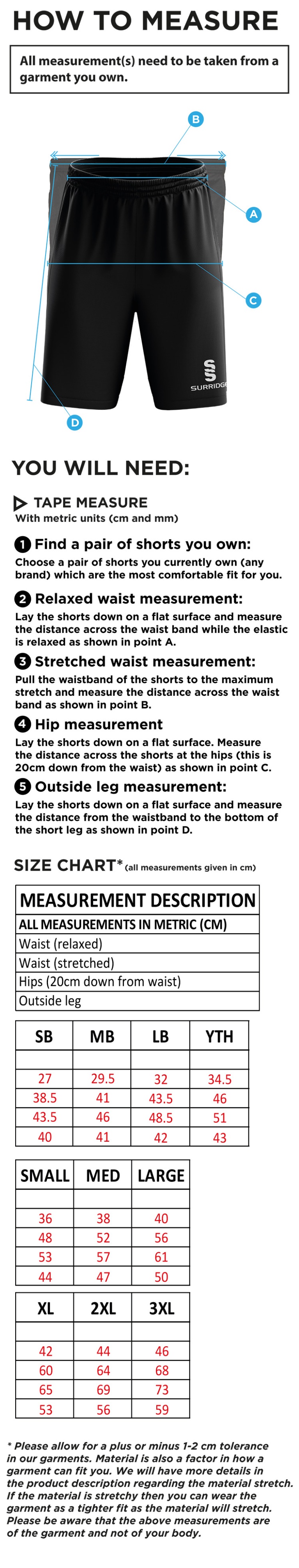 Old Southendian & Southchurch CC - Blade Shorts - Size Guide