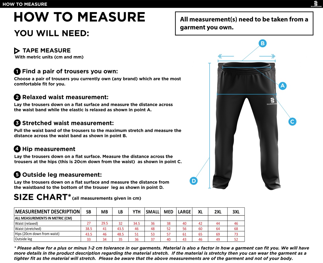 Old Southendian & Soutchurch CC - Ripstop Tracksuit Pants - Size Guide