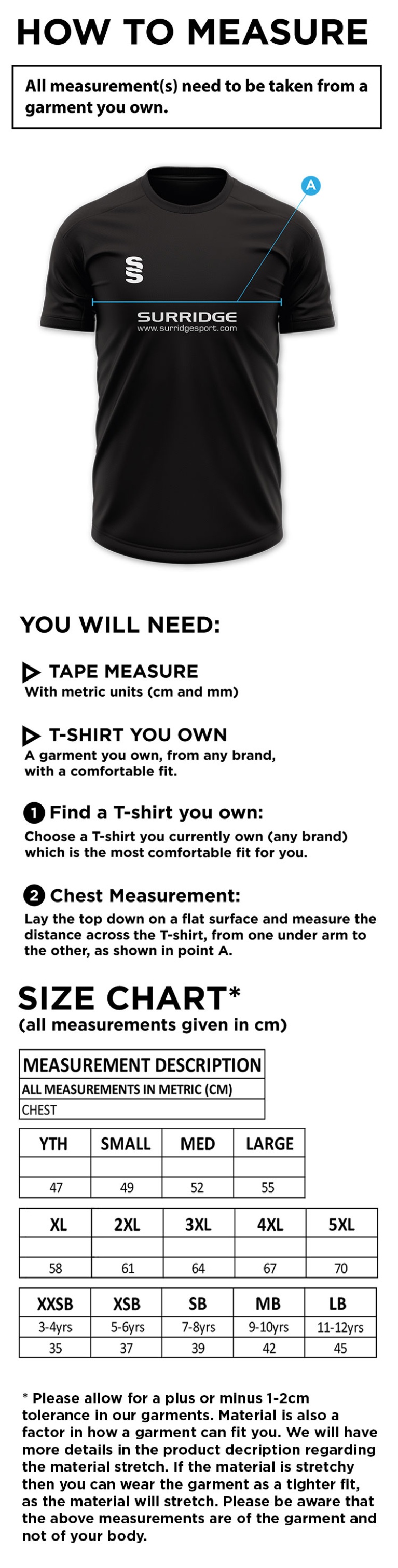 Old Southendian & Southchurch CC - Blade Training Shirt - Size Guide