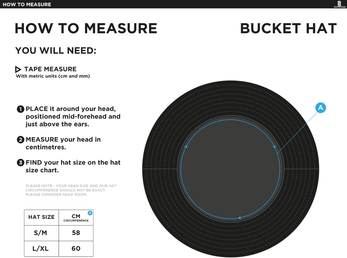 OLD SOUTHENDIAN & SOUTHCHURCH CC Dual Bucket Hat - Black - Size Guide