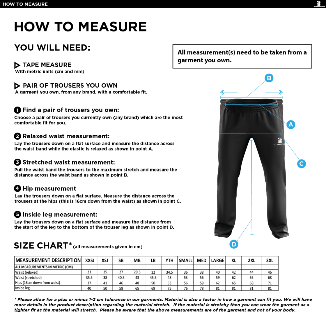 Old Southendian & Southchurch CC - Poplin Tracksuit Pants - Size Guide